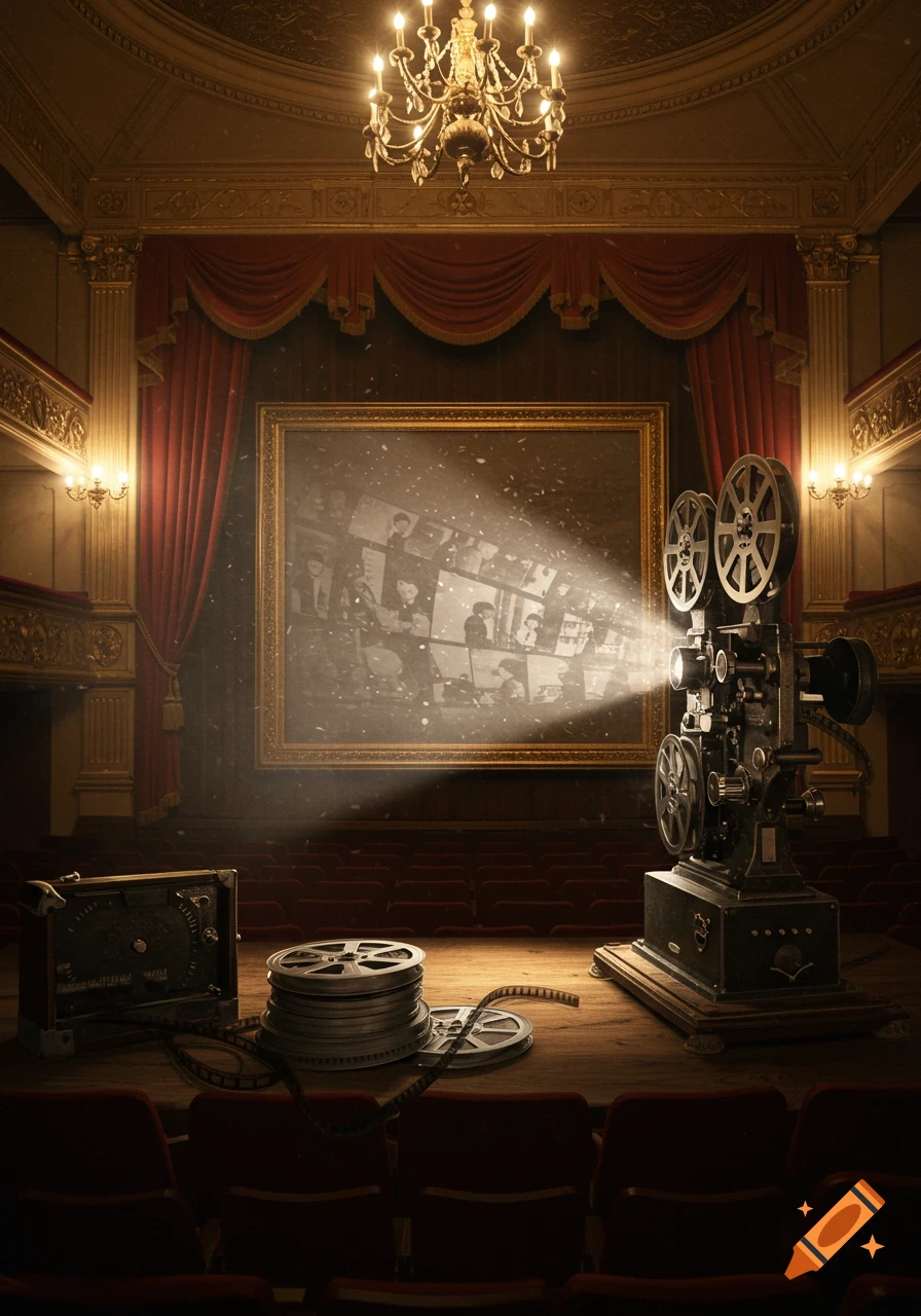 An antique film projector projects black and white movie frames onto a screen in a grand, empty cinema hall.