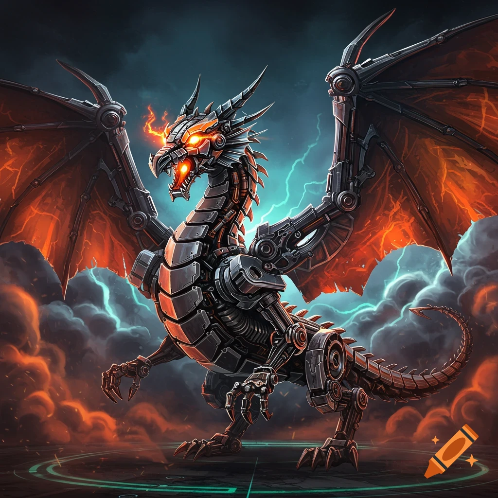 A detailed mechanical dragon with glowing orange eyes and fiery wings stands under a stormy sky, in a gamer emblem style.