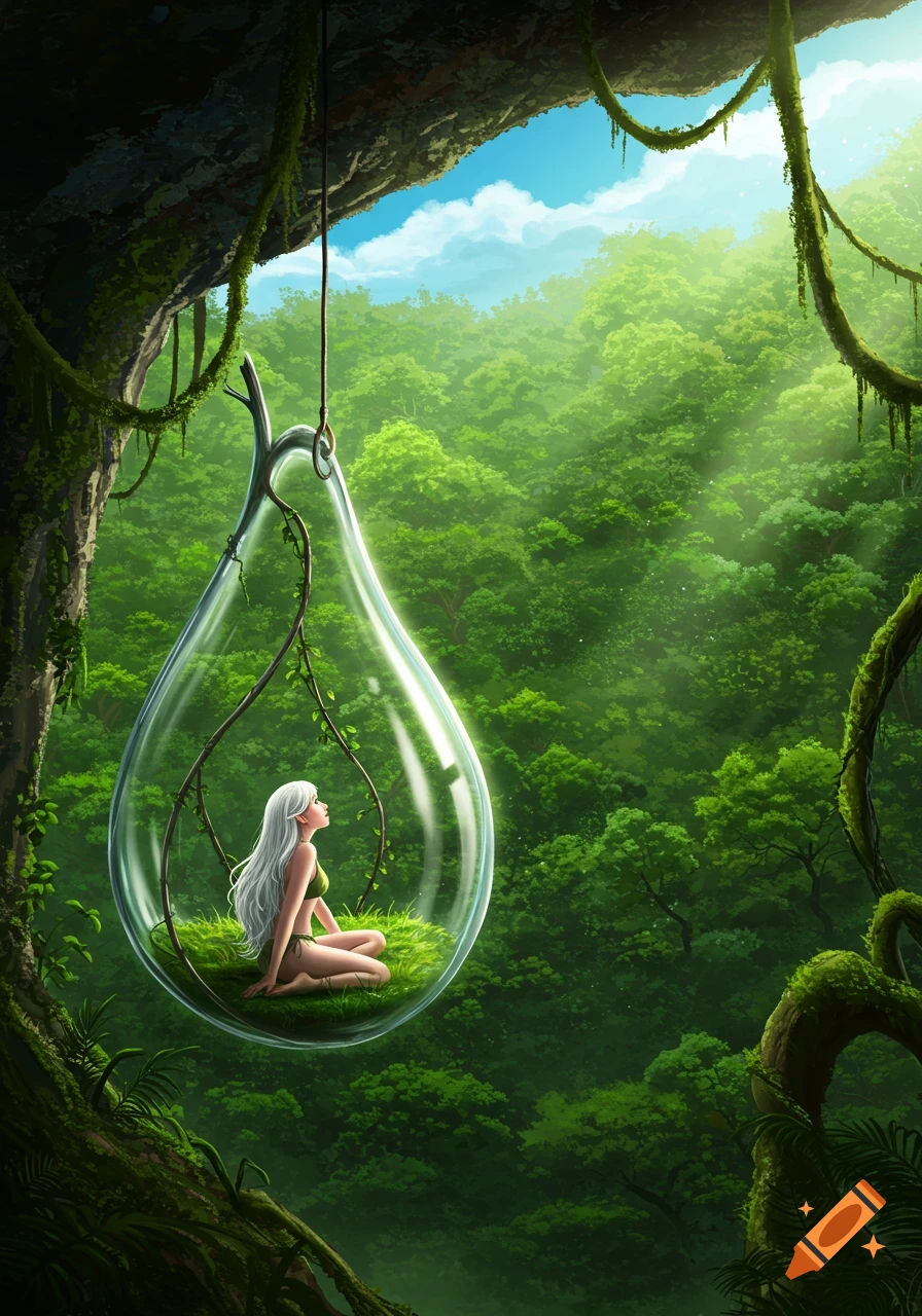 A woman with long platinum hair sits in a moss-colored bikini inside a tear-shaped glass enclosure suspended above a lush jungle.