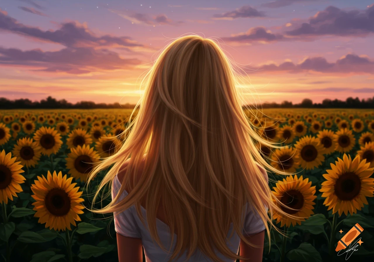 Digital painting of a woman with long blonde hair, seen from behind, looking at a field of sunflowers at sunset.