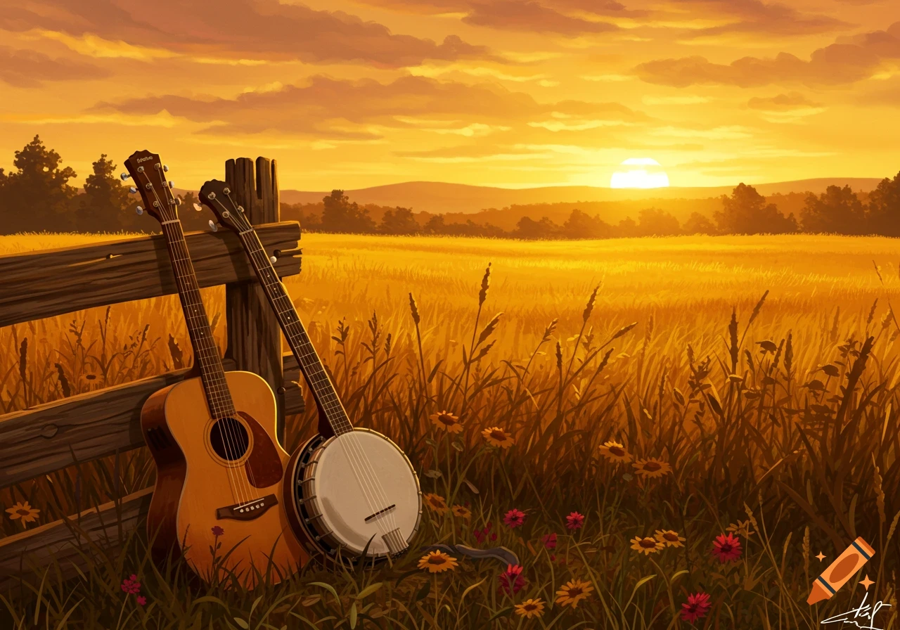A guitar and banjo lean against a wooden fence in a golden field during sunset, in a painterly style.
