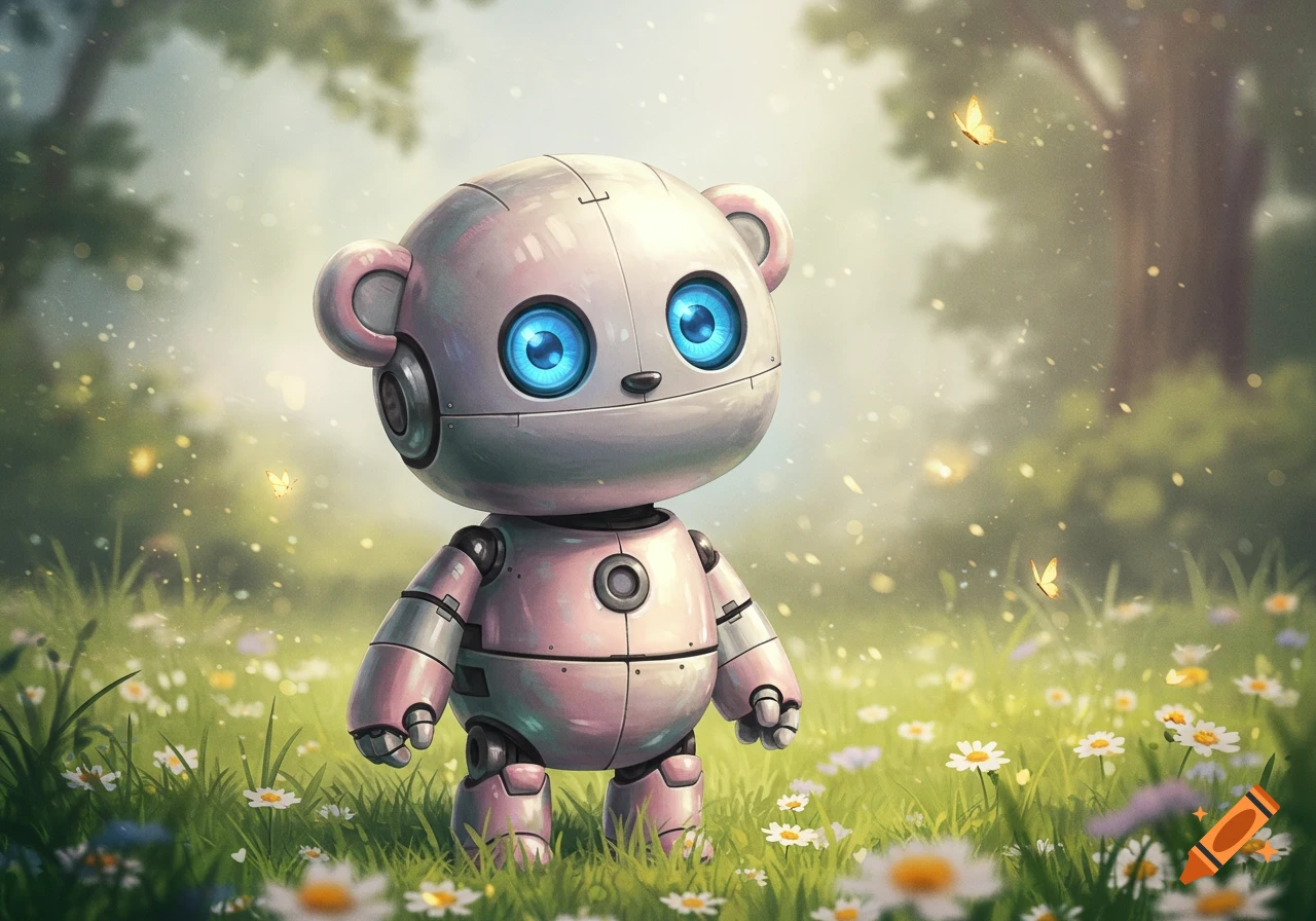 A cute, shiny robot teddy bear with bright blue eyes stands in a sunny meadow with white flowers and butterflies.