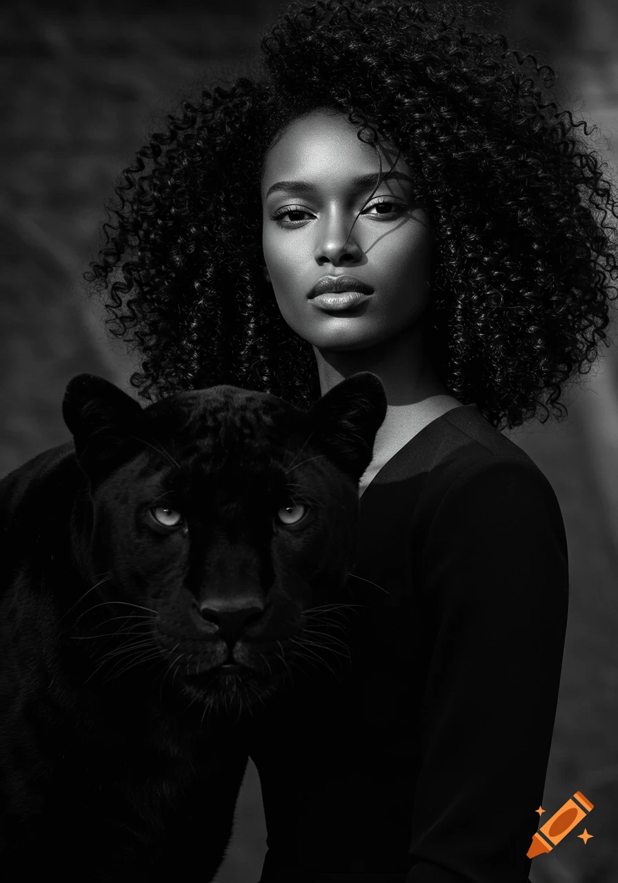 Black and white editorial portrait of an elegant woman with curly hair beside a sleek black panther.