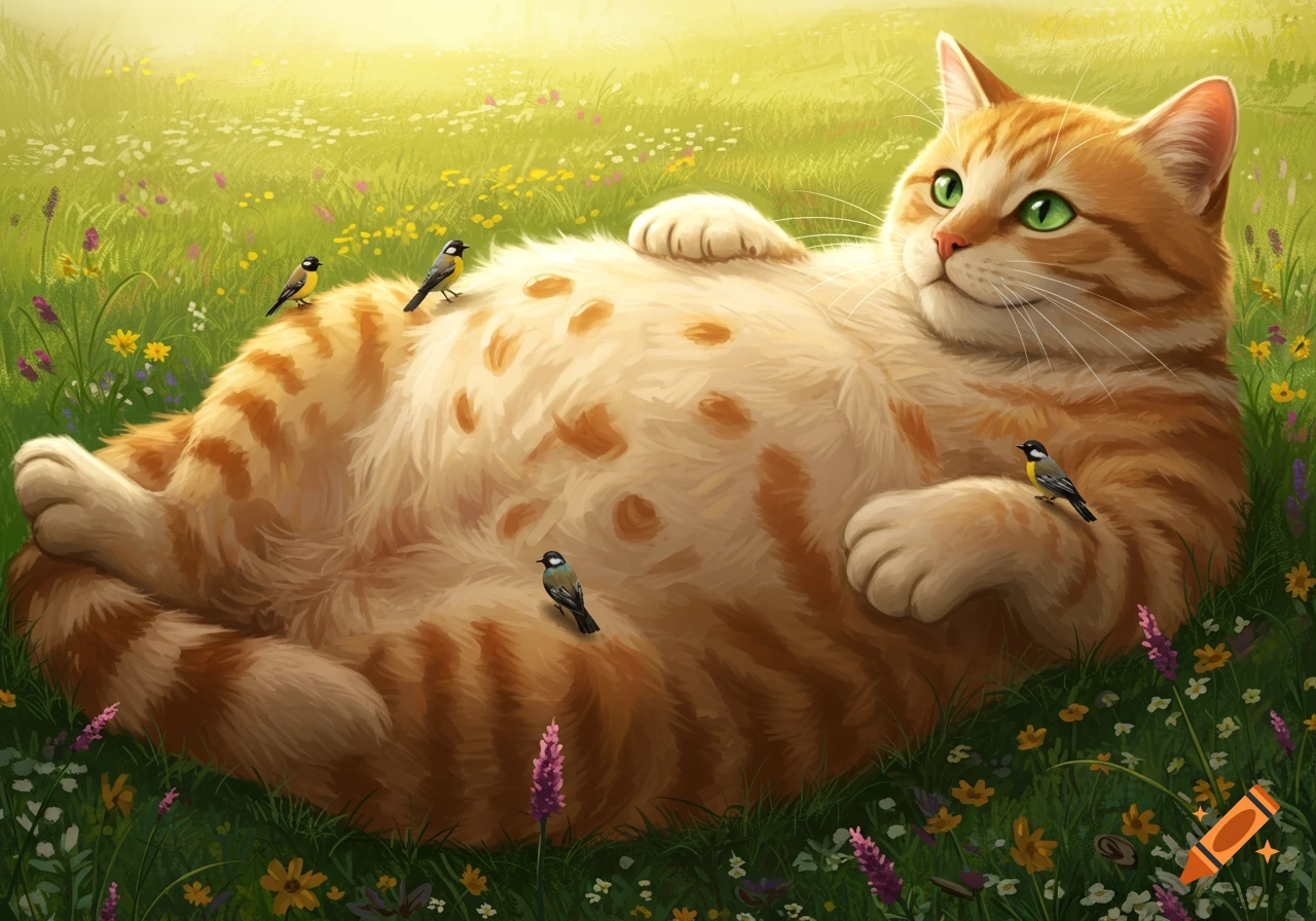 A giant, round orange tabby cat with green eyes rests on its back in a vibrant green meadow with colorful wildflowers, small birds perched on its fluffy belly.