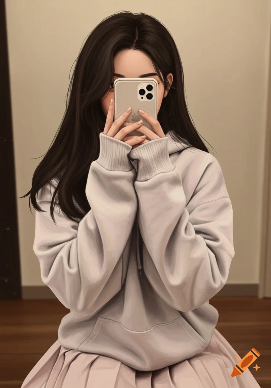 Stylized illustration of a young woman with long dark hair, in a hoodie and pleated skirt, taking a selfie with an iPhone.