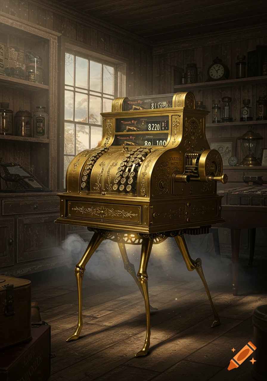 A golden, ornate steampunk cash register with articulated, brass-colored legs stands in a rustic, dimly lit shop.