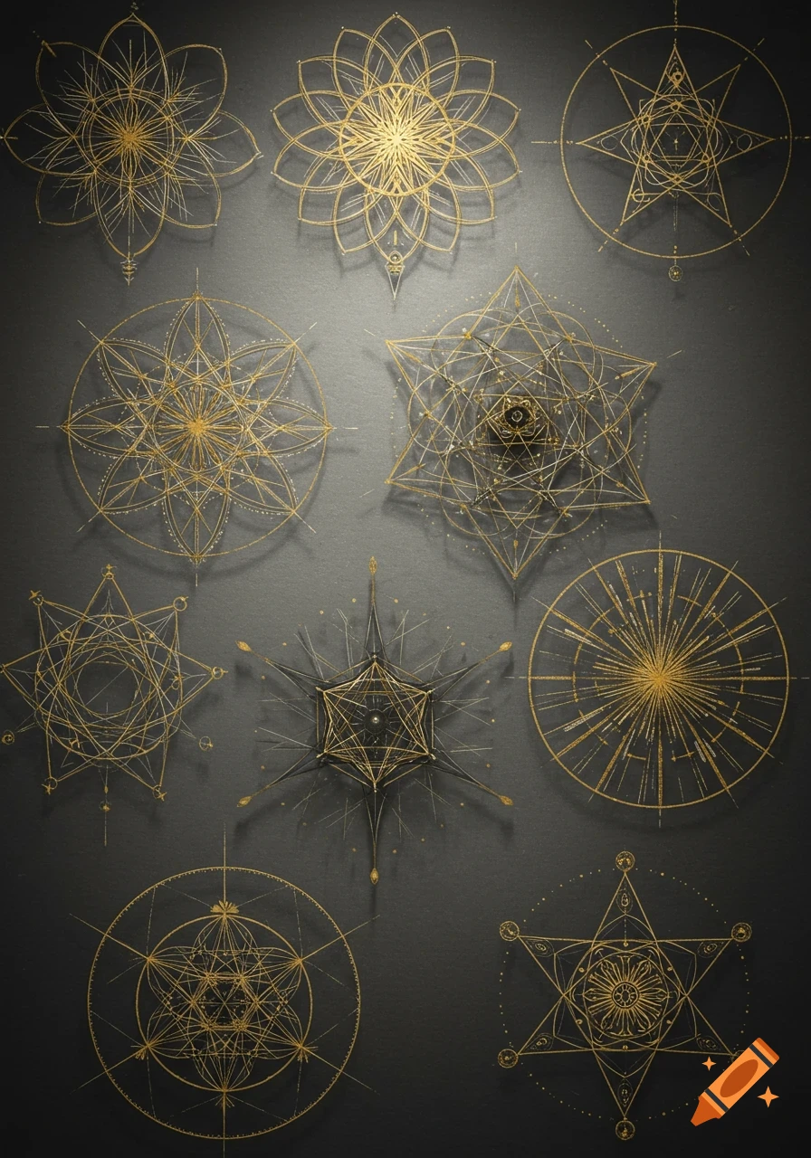 Ten intricate golden geometric mandala-like drawings with radial balance on a dark gray background.