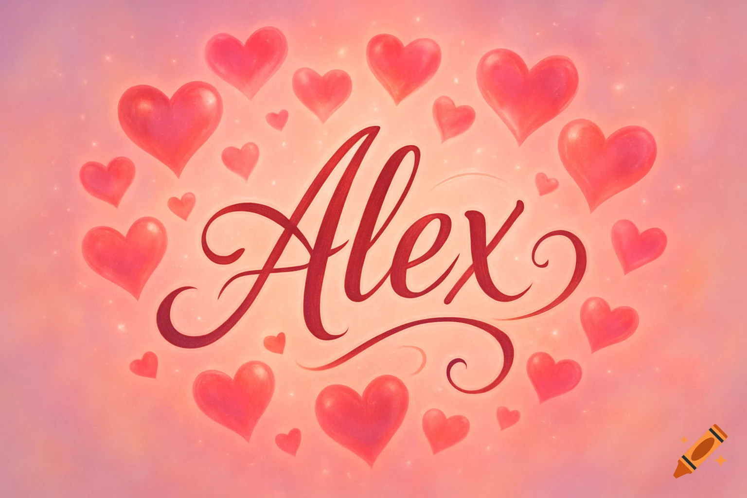 The name Alex in elegant script surrounded by numerous pink hearts on a soft pink and purple gradient background.