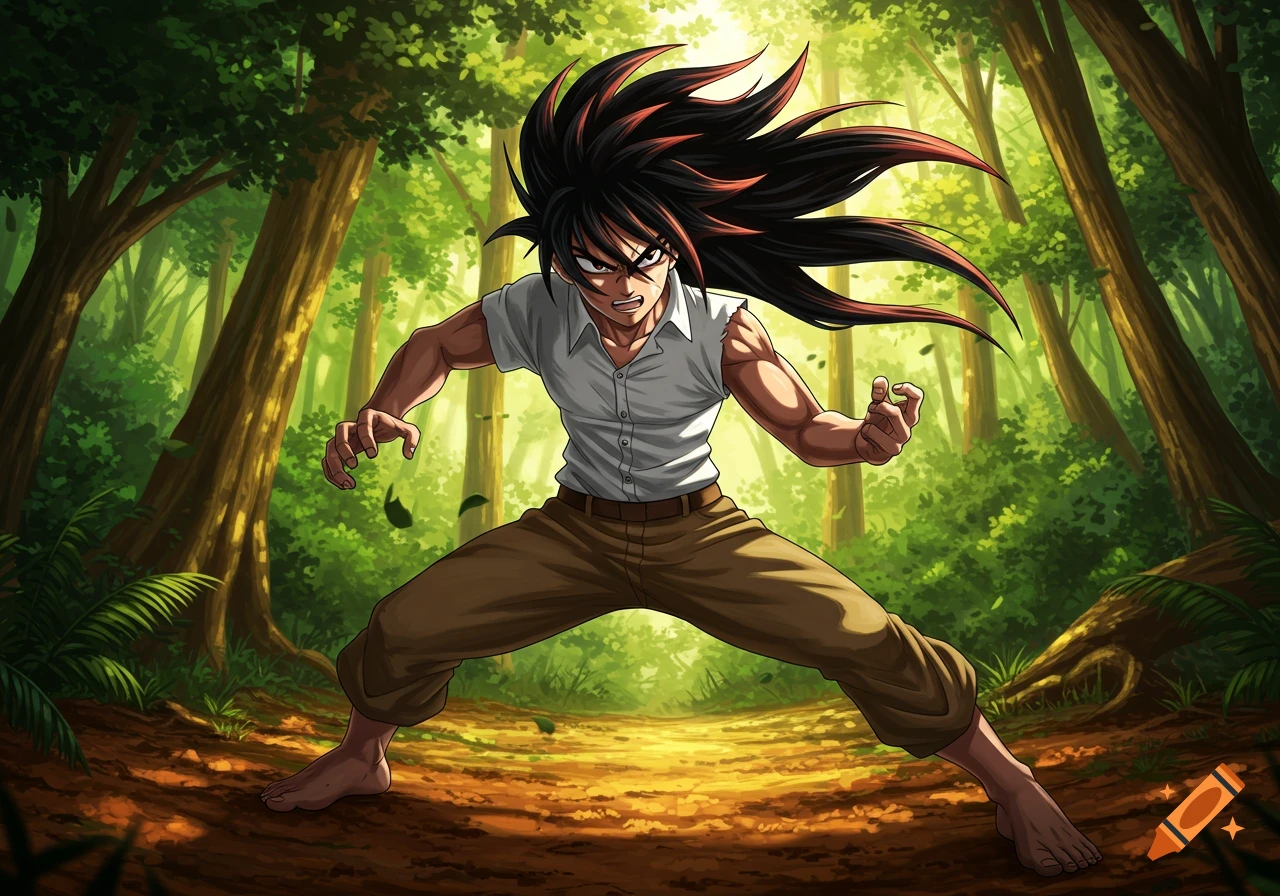 Anime character with swift black hair in a fighting stance in a vibrant forest.
