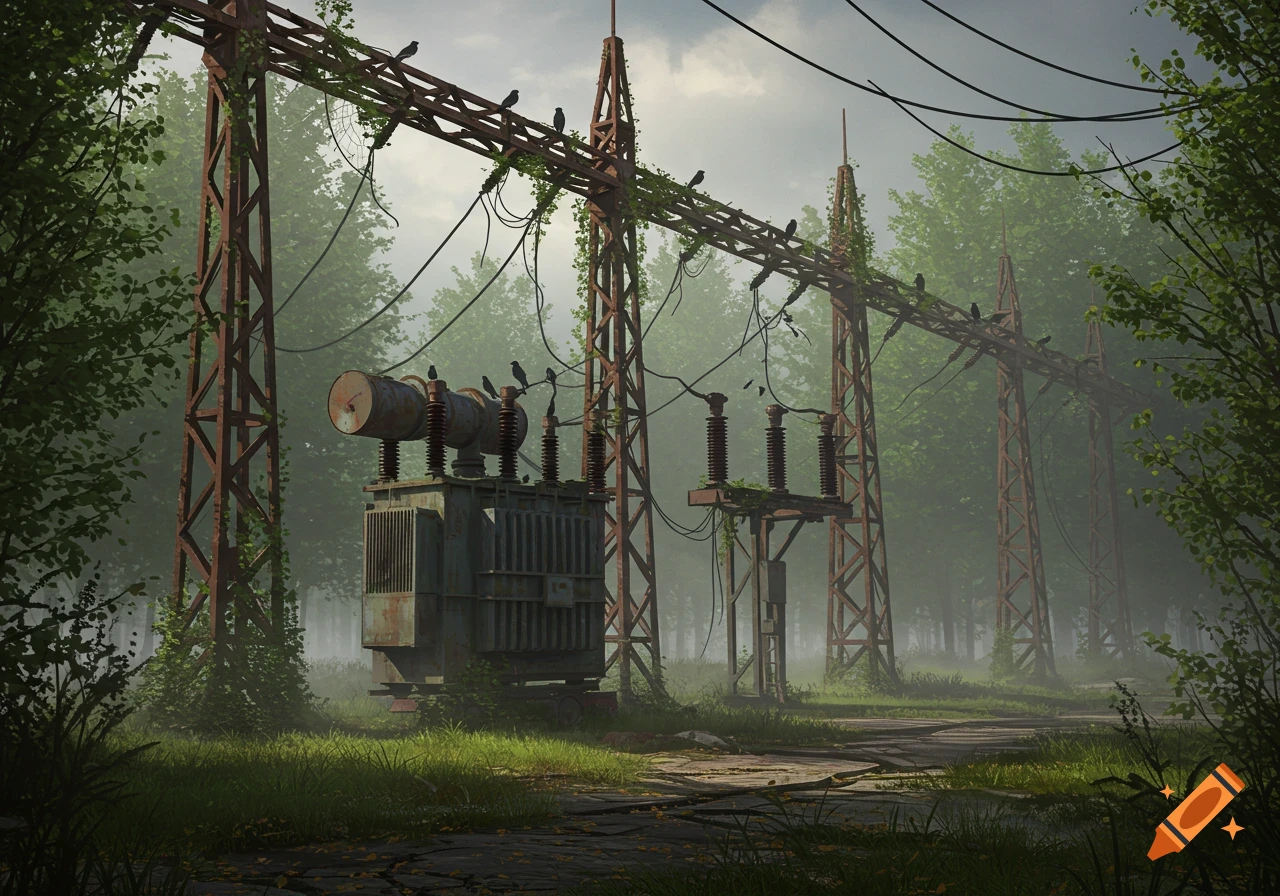 Photorealistic image of an abandoned, rusty power substation overgrown with vines in a misty forest, with birds on the structures.
