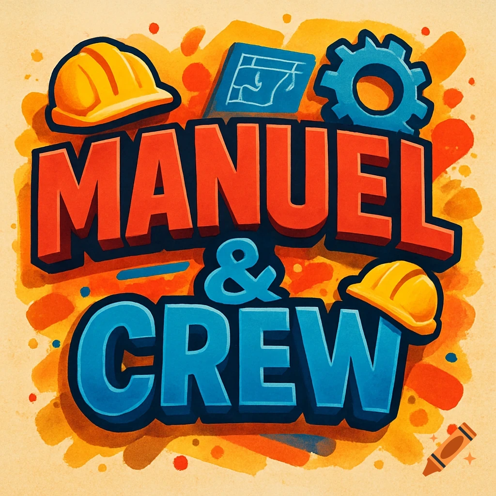A cartoonish logo with bold red and blue text 'MANUEL & CREW', featuring yellow hard hats, a blueprint, and a gear on a textured orange background.