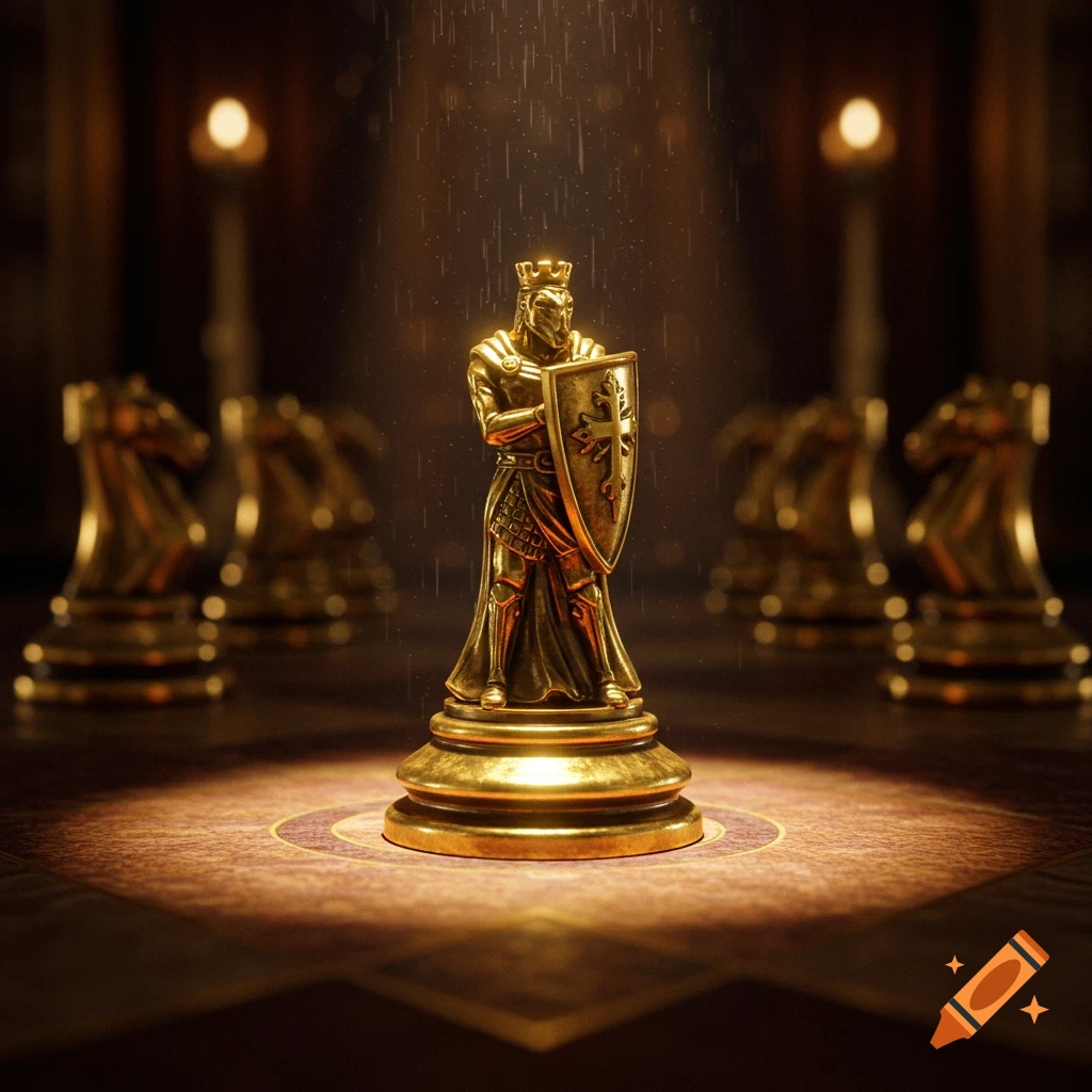 A detailed golden chess piece, depicting a knight or king figure holding a shield, dramatically lit by a spotlight on a board.