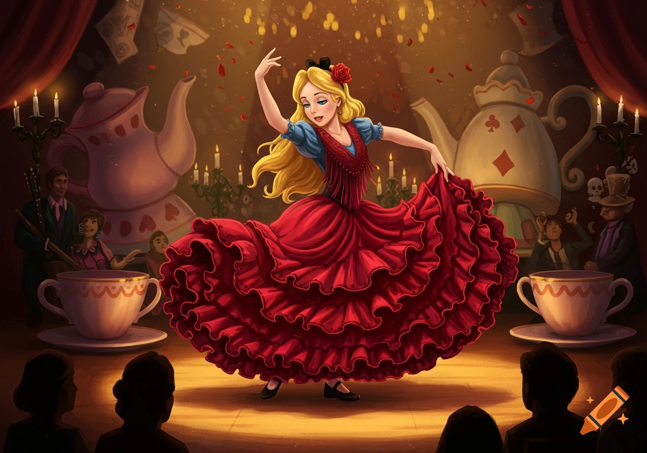 Illustrated Alice in Wonderland as a flamenco dancer on a stage with oversized teapots and candles, performing for an audience.