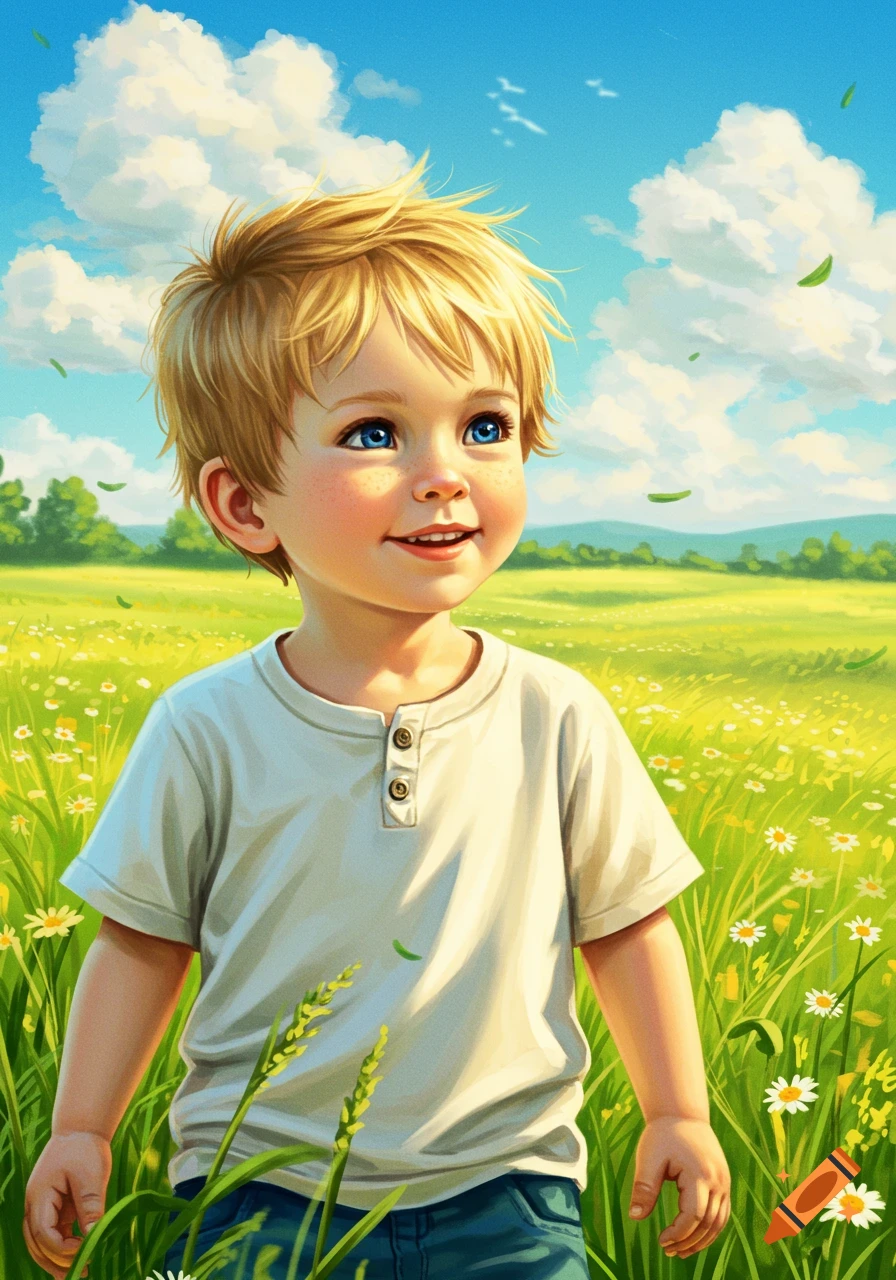 Illustrated young boy with blonde hair and blue eyes, smiling and looking up in a sunny field of daisies under a blue sky.
