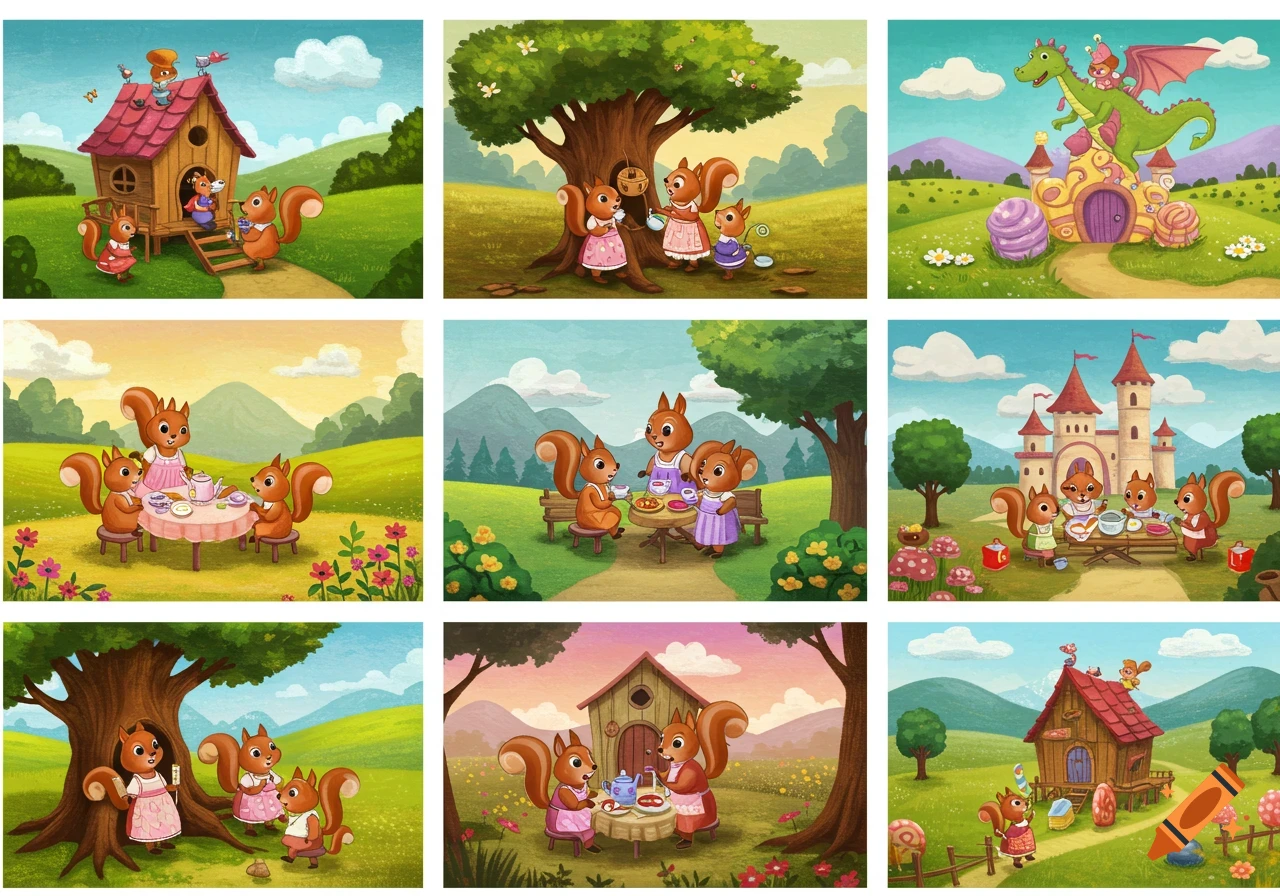 A grid of nine colorful cartoon illustrations showing anthropomorphic squirrels having tea parties, playing by houses and castles.