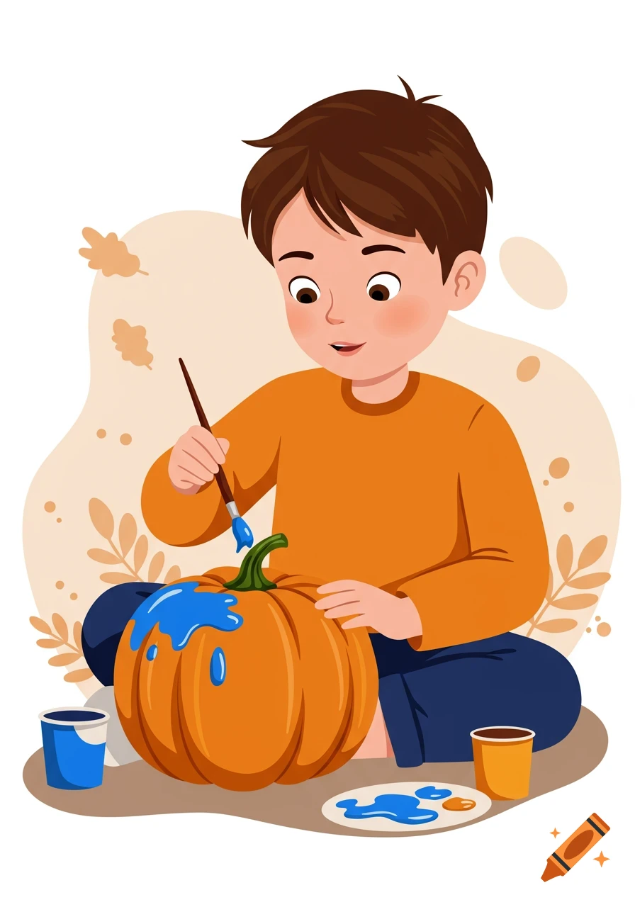Cartoon illustration of a boy painting a pumpkin blue while sitting on the floor with paint supplies. Autumn leaves are in the background.