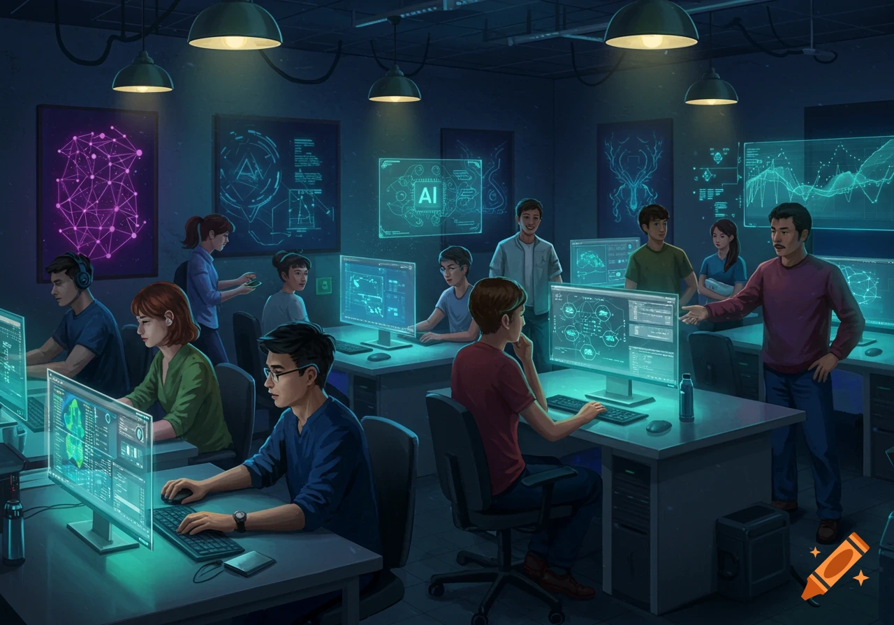 Digital illustration of an AI workshop with diverse people working on computers in a dimly lit room with glowing screens and posters.