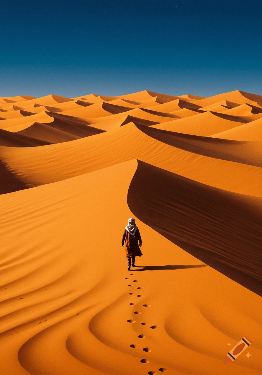 A person walks across vast orange sand dunes under a clear blue sky, leaving footprints.