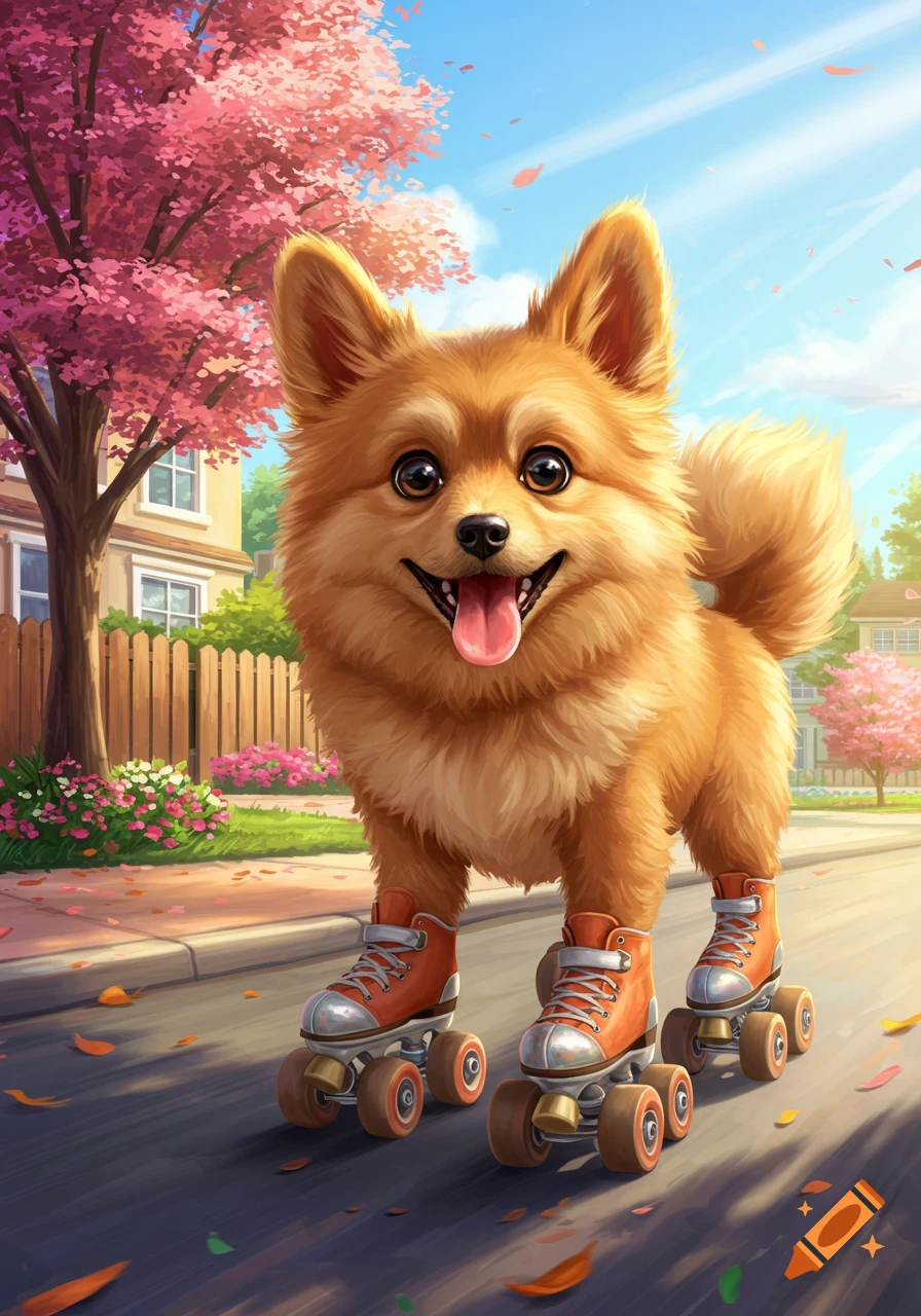 A cute, fluffy orange dog on roller skates smiles while standing on a sunny street lined with pink blossoming trees, in a cartoon style.