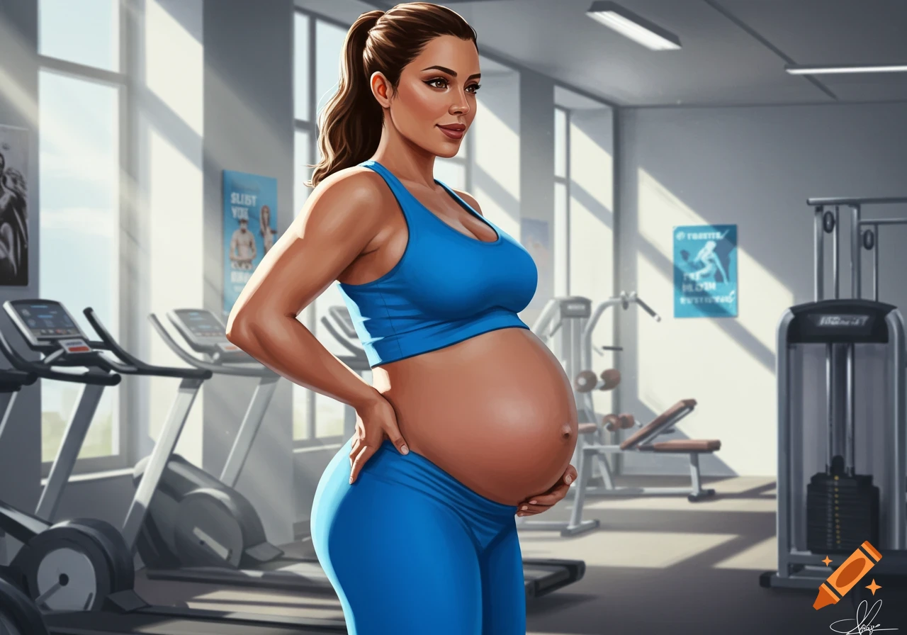 A pregnant woman in a blue sports bra and leggings stands confidently in a well-lit gym.