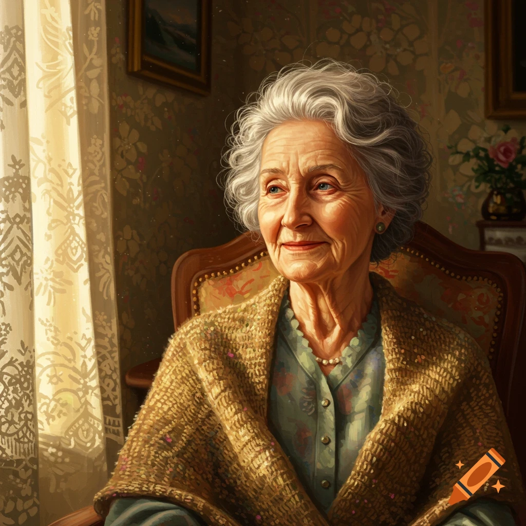 A painterly portrait of an elderly woman with white, curly hair, sitting in a chair, looking subtly to the right.