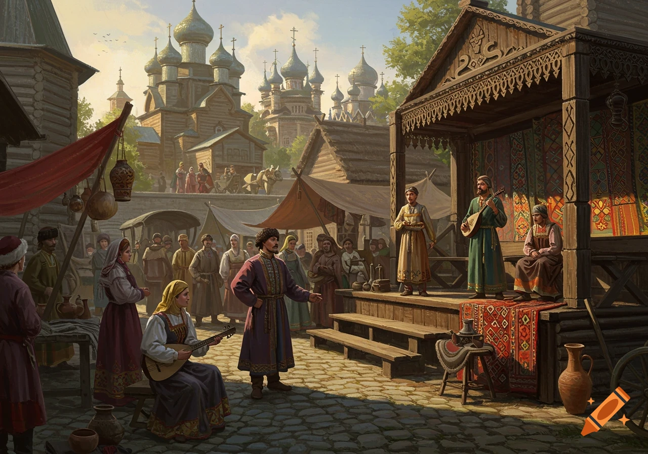 A detailed painting of a 17th-century Russian market, with people in traditional clothing, musicians performing on a stage, and onion-domed churches.
