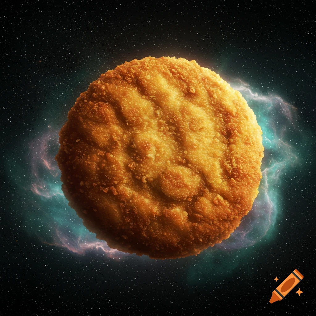 A large, golden-brown Wiener Schnitzel, appearing as a planet, floats in dark space with stars and blue-purple nebulas.