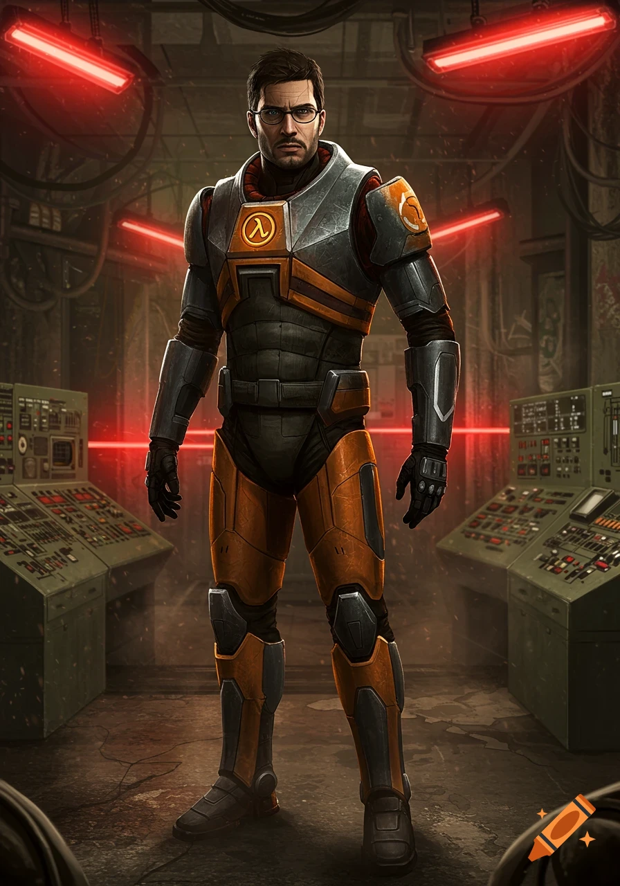 A man resembling Gordon Freeman in an orange and gray HEV suit with a lambda symbol, standing in a dimly lit, control room with red lights.
