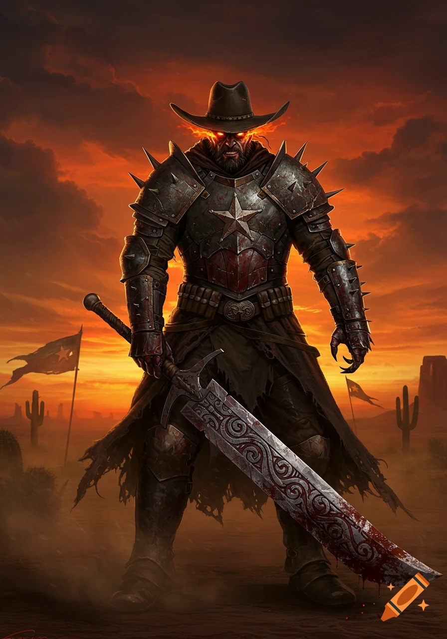 An armored evil warrior in a cowboy hat with glowing red eyes holds a bloody sword in a desolate desert under a fiery sky.
