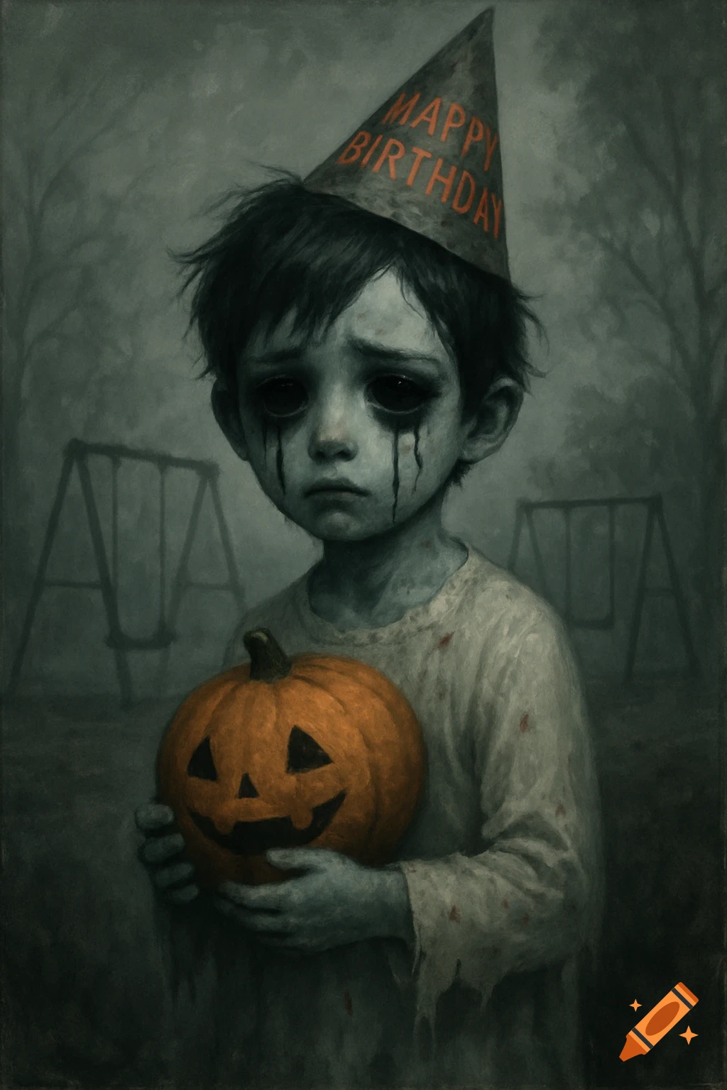 Dark, creepy illustration of a ghost boy with black eyes and tears, wearing a 'HAPPY BIRTHDAY' hat, holding a jack-o'-lantern in a gloomy playground.