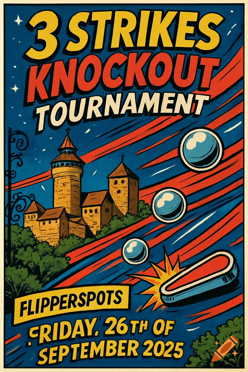 Retro comic-style pinball tournament poster featuring Nuremberg Castle, pinball elements, and event details.