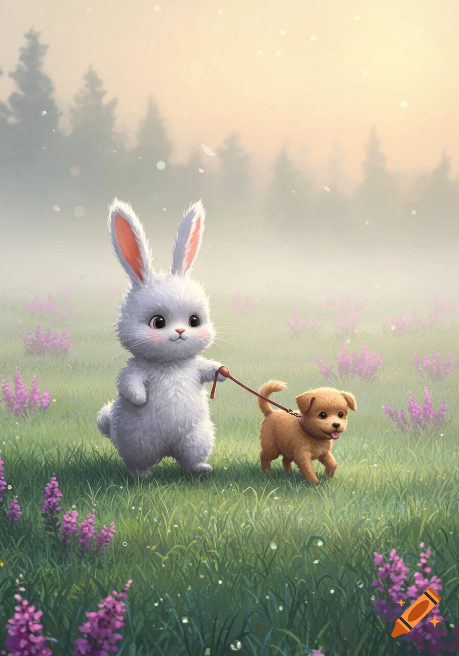 An adorable cartoon bunny walks a cute brown puppy on a leash through a misty, grassy field filled with purple flowers.