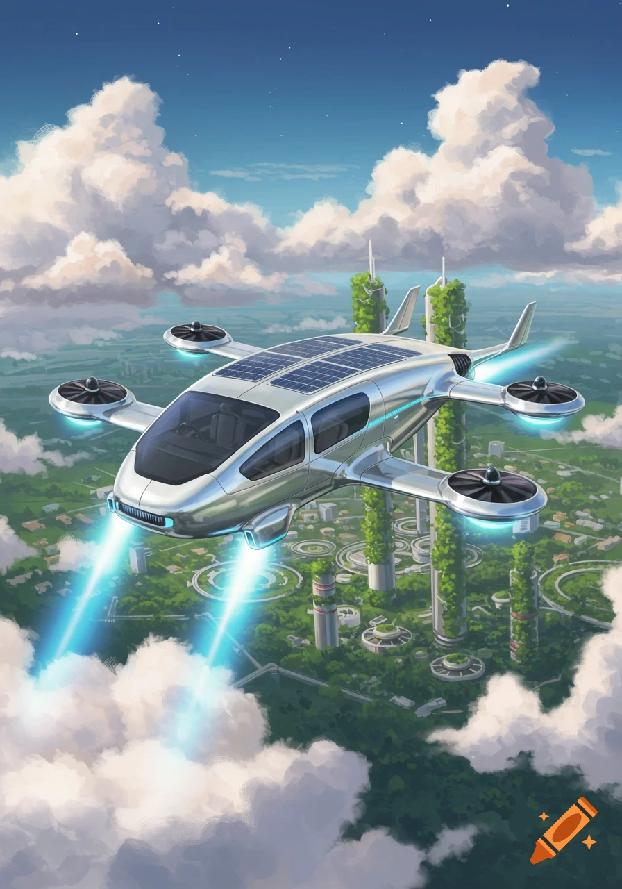 A silver flying car with solar panels and jet thrusters flies over a futuristic green city with vertical garden towers, digital art.