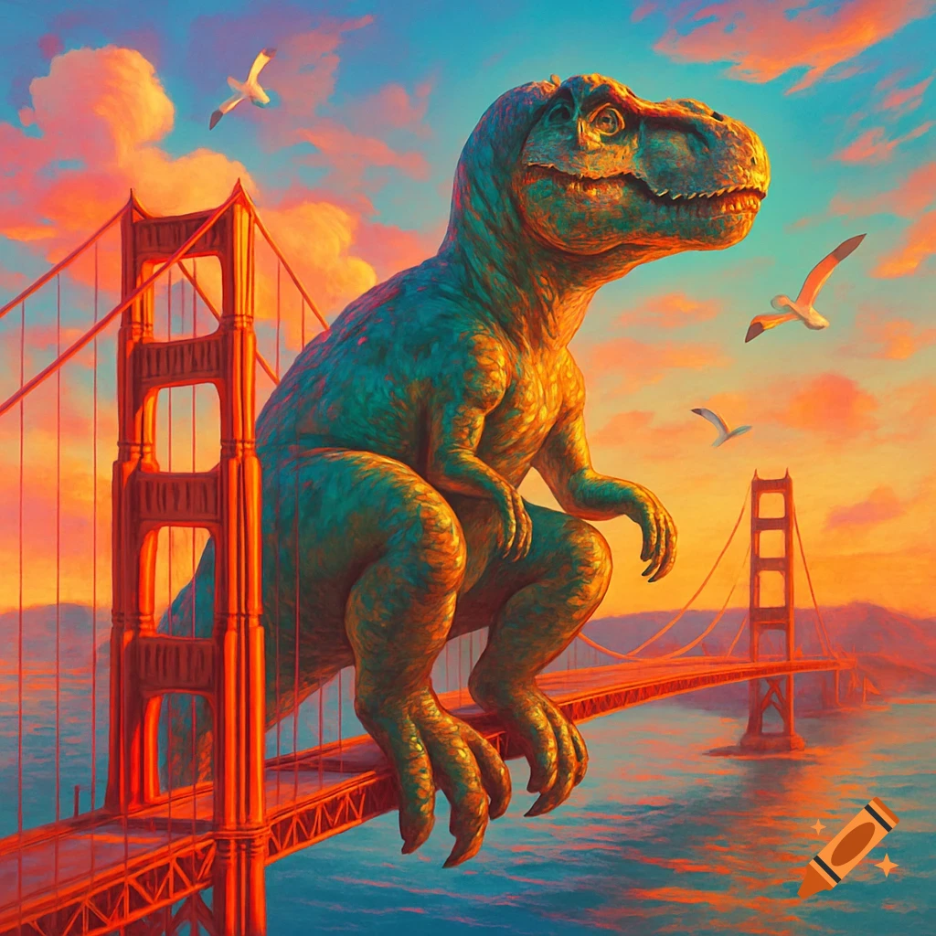 A vibrant, painterly image of a large green dinosaur sitting on the Golden Gate Bridge at sunset with seagulls flying nearby.