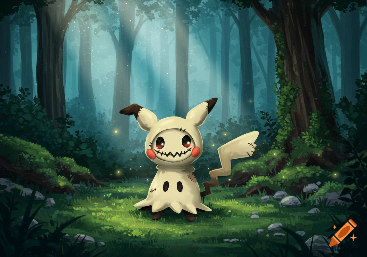 An illustration of the Pokémon Mimikyu standing in a dark, misty forest with glowing fireflies.