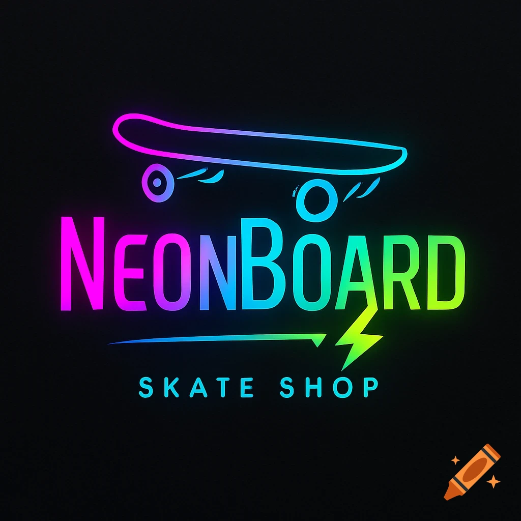 A neon logo for 'NeonBOARD Skate Shop' with a stylized skateboard and electric bolt on a black background.