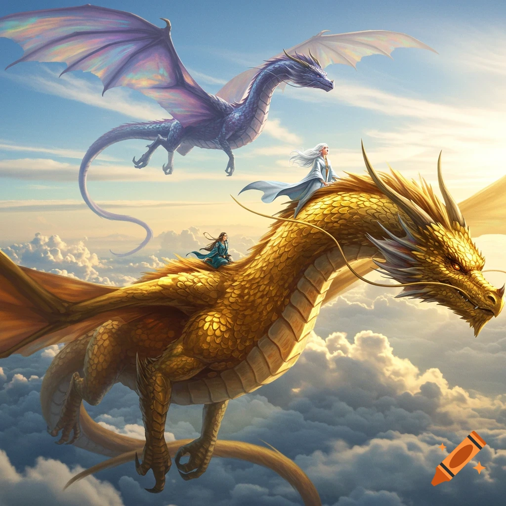 A golden dragon with two riders flies through a sunny, cloudy sky, followed by a violet dragon.