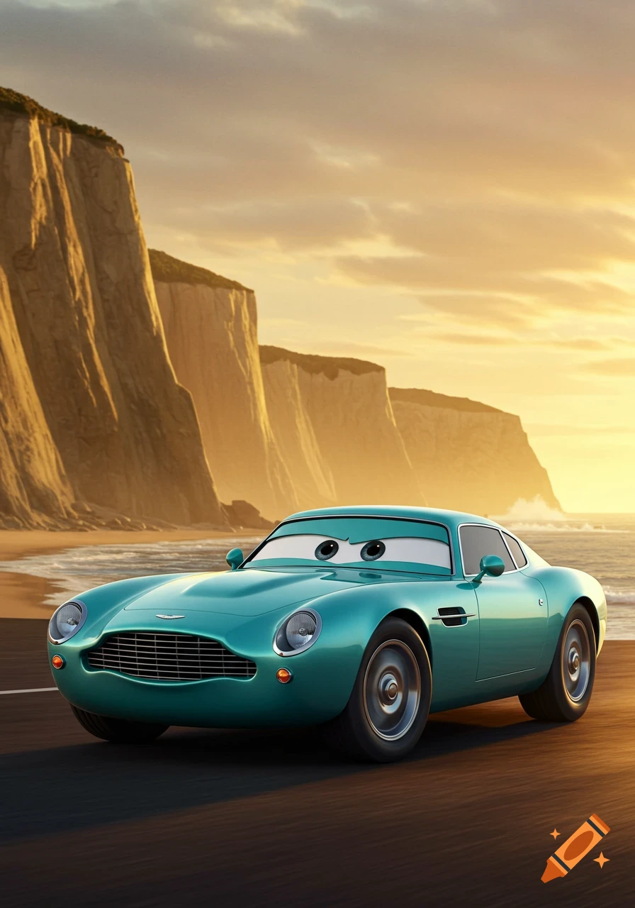A teal animated car with expressive eyes, resembling Finn McMissile, drives along a coastal road with towering cliffs and a golden sunset.