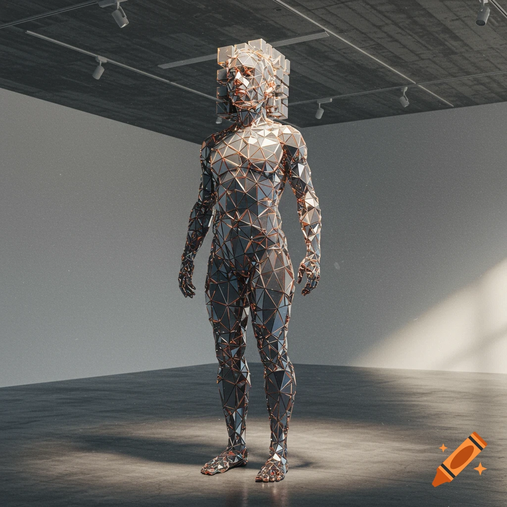 A metallic, geometric human figure with a fragmented, cube-like head stands in a stark concrete room.