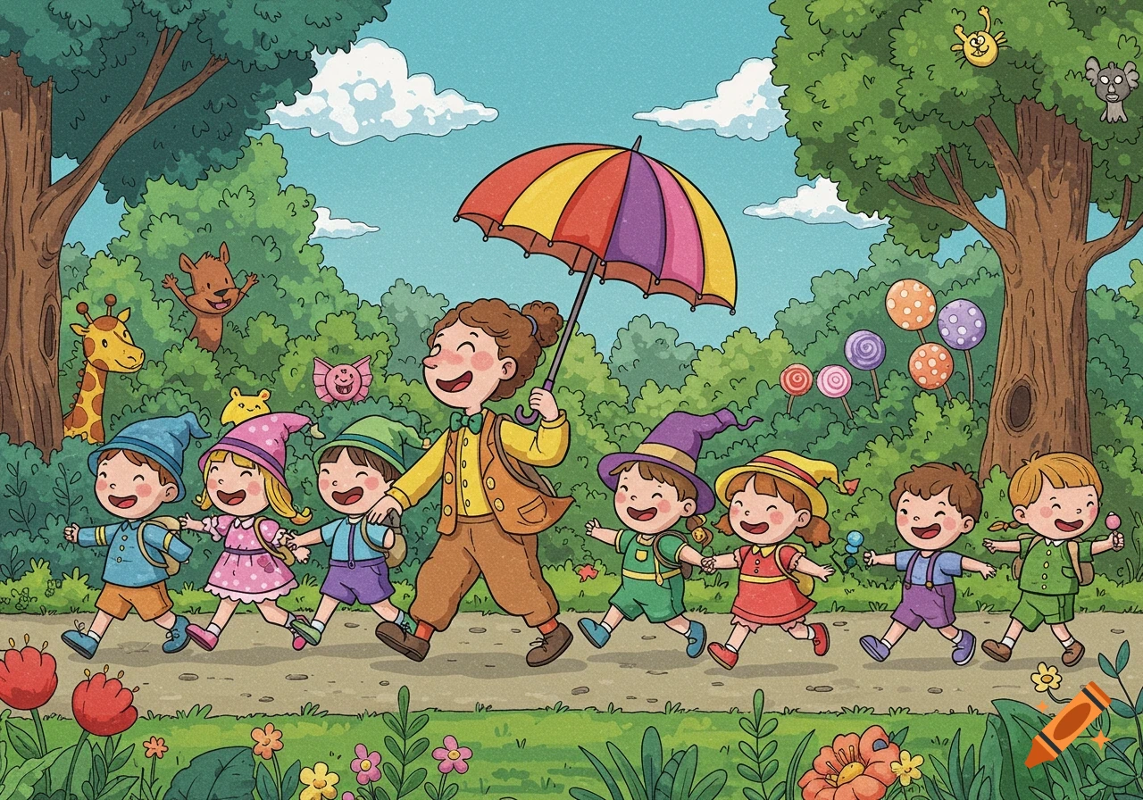 Cartoon illustration of an adult holding a colorful umbrella leading a line of happy children and animals through a vibrant forest.