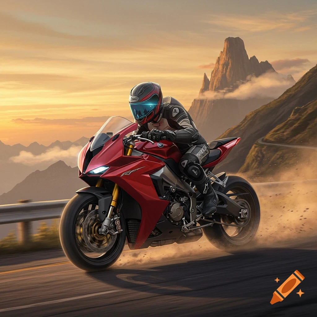 A photorealistic image of a person riding a red supersport motorcycle on a mountain road at sunset, kicking up dust.
