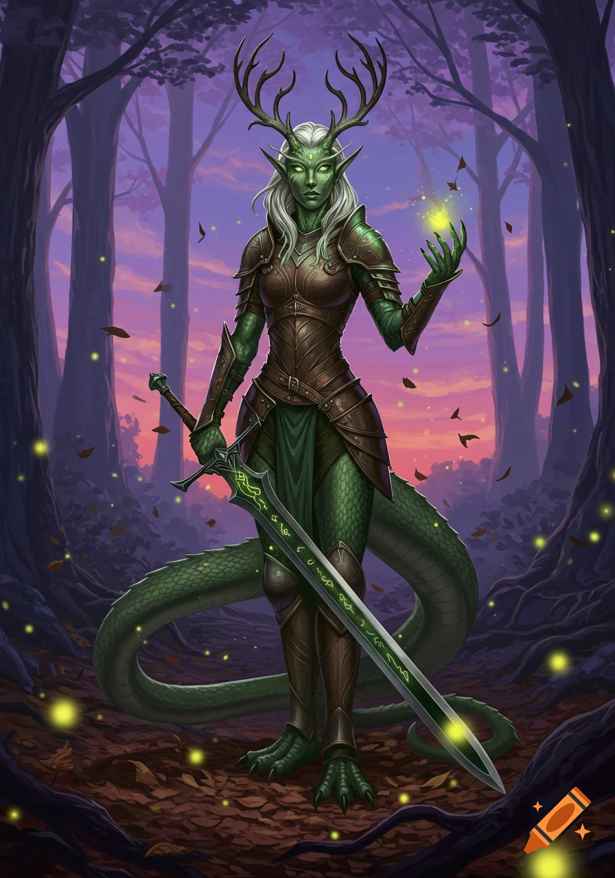 An elegant green-skinned elven warrior with antlers and a dragon tail, clad in leather armor, holds a glowing sword in a mystical forest at sunset.