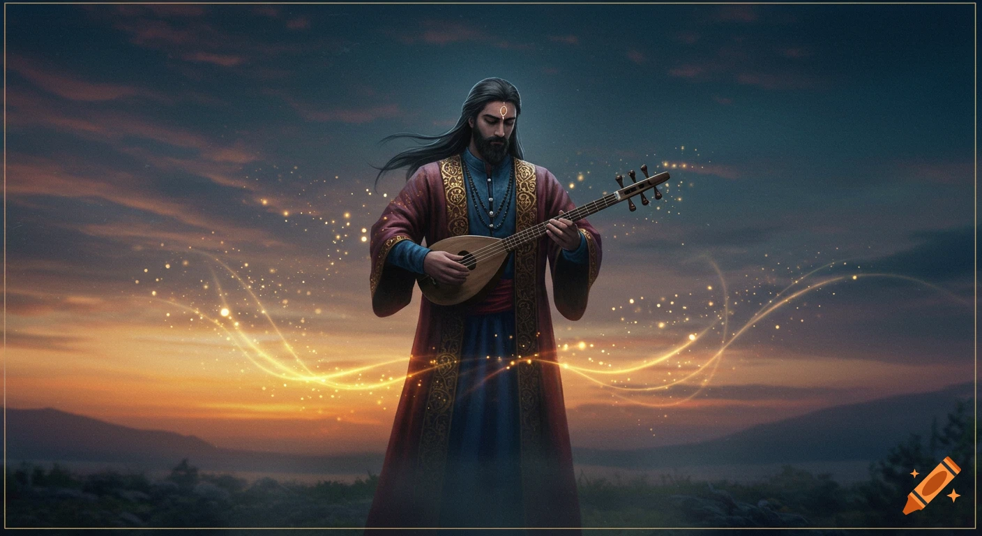 A long-haired man with a beard, wearing traditional Persian clothing, plays a lute-like instrument at twilight. Glowing golden magical light emanates from the instrument against a misty landscape and sunset sky in digital art style.