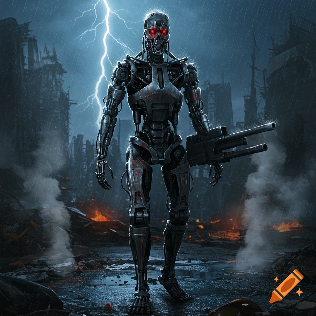 A formidable Terminator-like robot with glowing red eyes stands in a rain-soaked, ruined city under lightning, holding a large weapon.