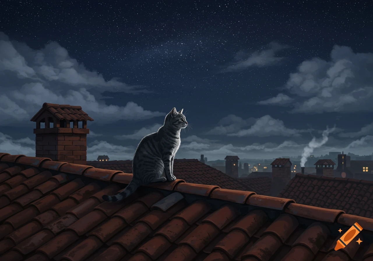 A gray tabby cat sits on a red-tiled roof at night, gazing over a city skyline under a starry sky.