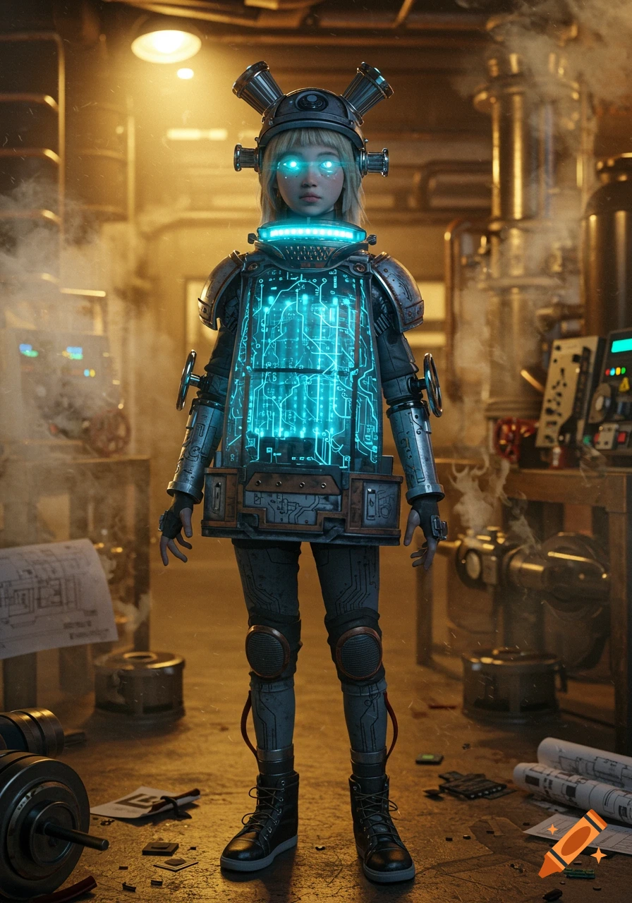 A child in a detailed sci-fi steampunk costume with glowing blue circuits on their chest stands in a cluttered workshop.