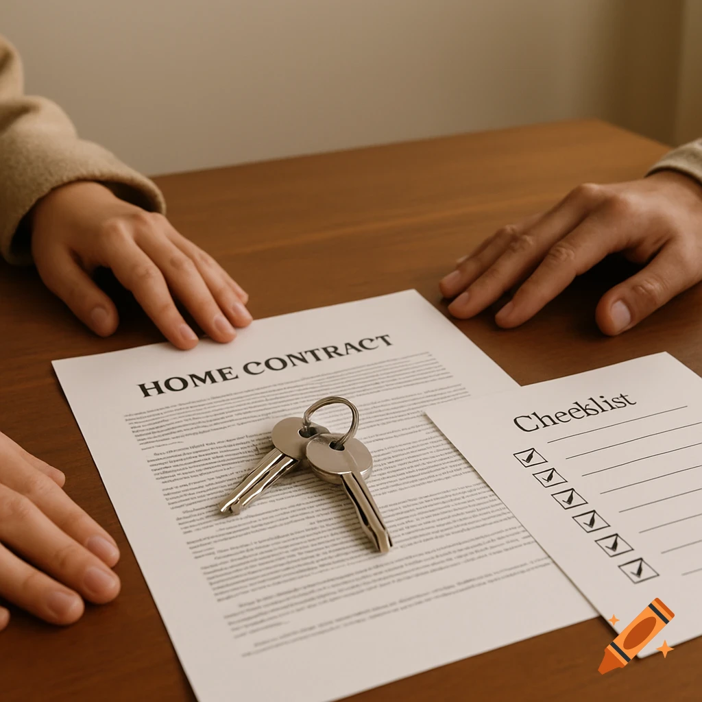 Two hands rest on a table with house keys on a document titled "HOME CONTRACT" and a "Checklist" document beside it, in a realistic photo.