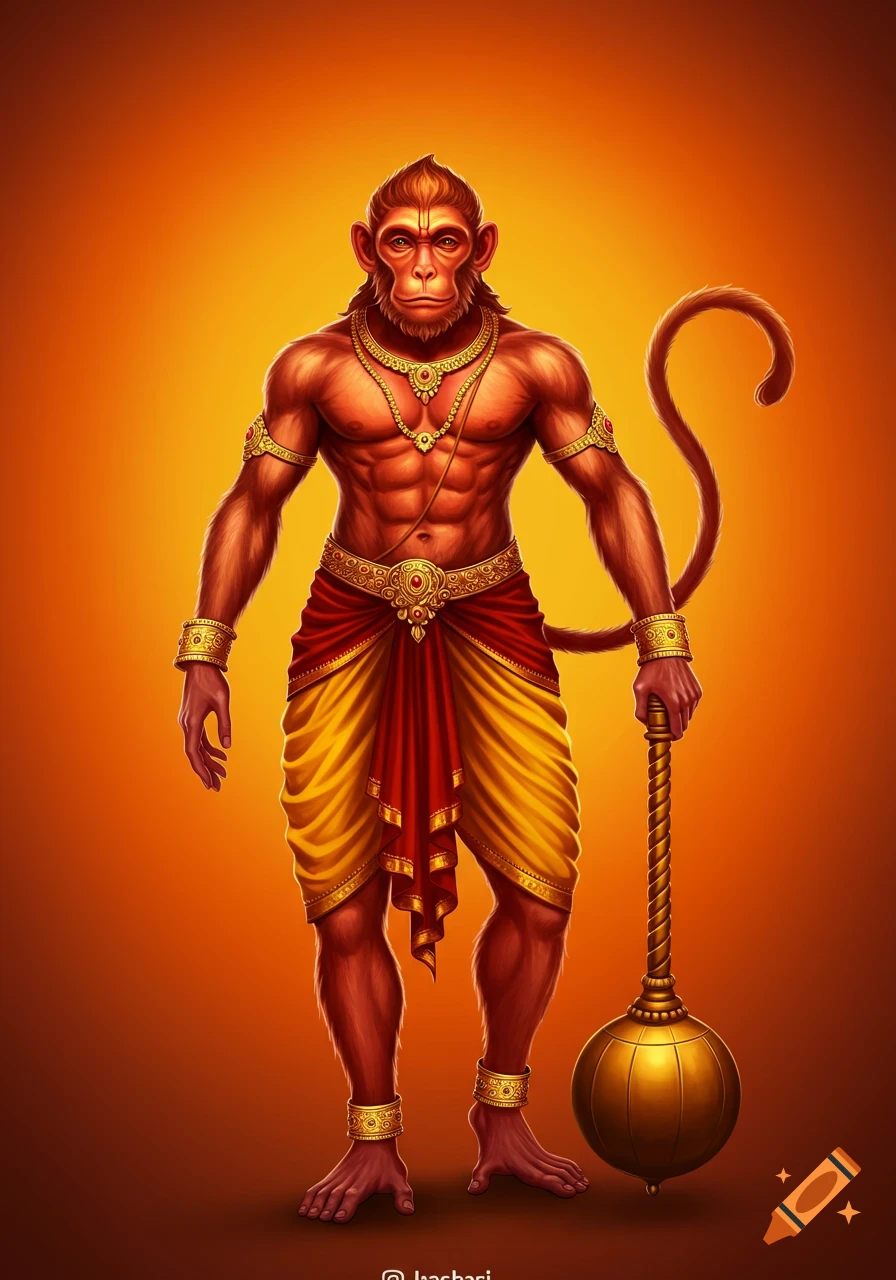 A powerful, reddish-gold monkey-humanoid figure (Hanuman) in traditional yellow and red dhoti with golden ornaments, holding a mace, against an orange background.