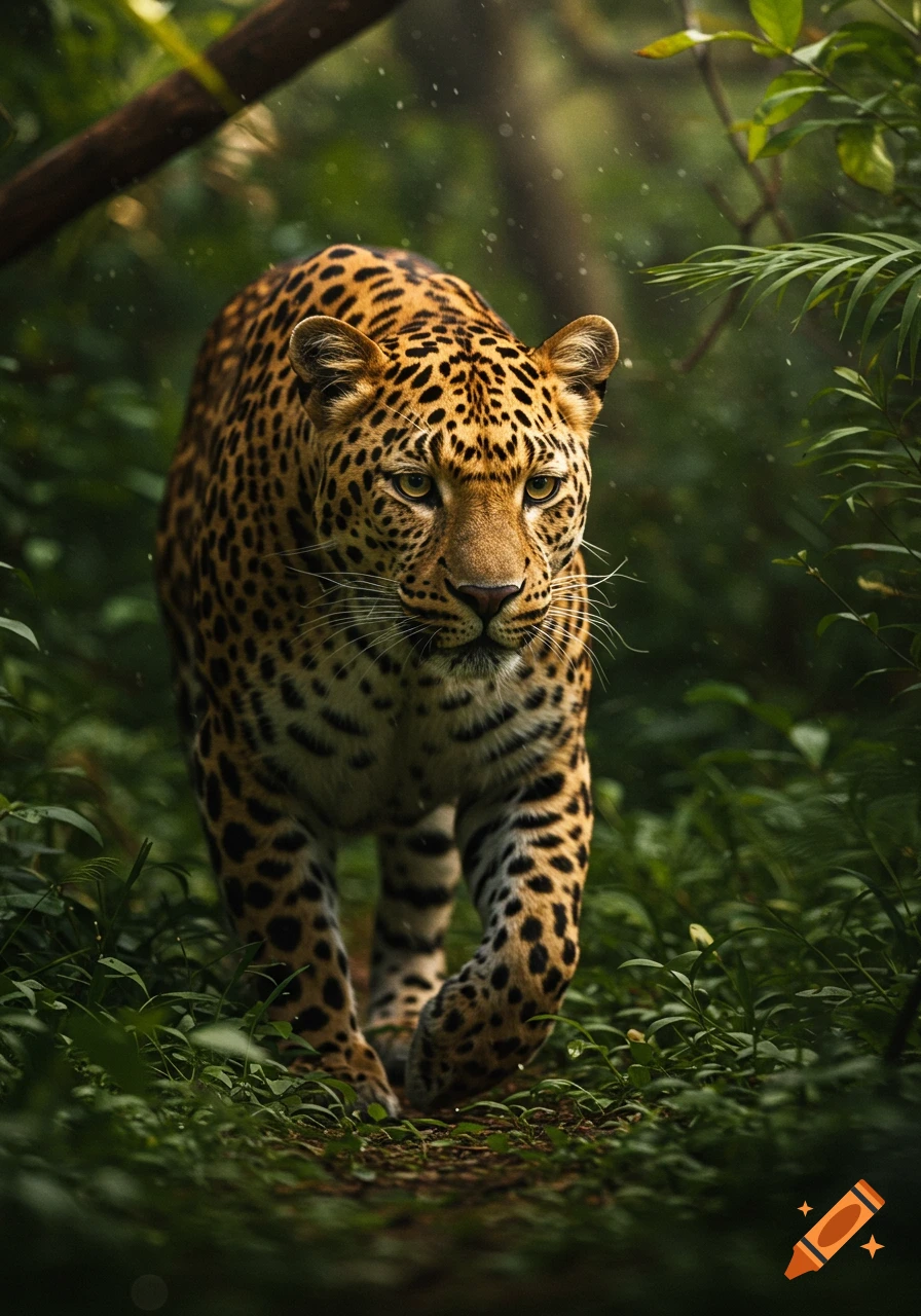 A majestic, photorealistic leopard stealthily walks through a dense, lush green rainforest, looking forward.