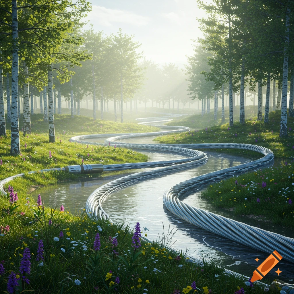 A large, winding coaxial cable flows through a river in a misty birch forest with wildflowers.